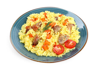 Delicious pilaf with meat isolated on white