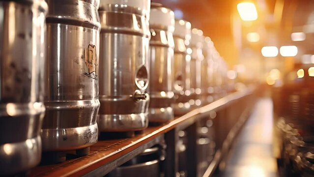 Detailed shot from the cellar of a bustling taproom, featuring row upon row of gleaming stainless steel kegs, ready to be tapped and enjoyed by beer enthusiasts.