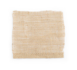 Piece of burlap fabric isolated on white, top view