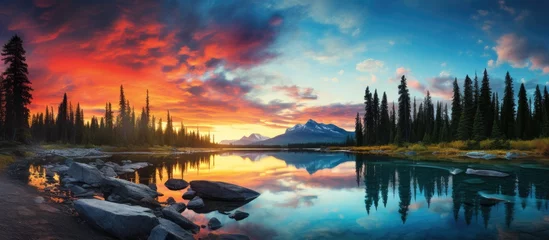 Foto op Plexiglas In the summer I love to travel and explore the beautiful landscapes of Canada where the sky meets the water creating a picturesque border The colorful sunset paints the sky with shades of bl © TheWaterMeloonProjec