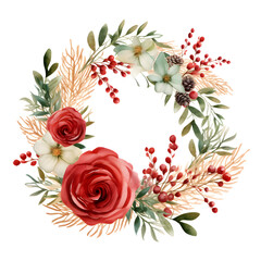 Obraz na płótnie Canvas Watercolor illustration. Winter Christmas wreath with red roses, pine cones, holly berries, leaves. Isolated on white background. Greeting card design. Clip art elements. Holiday festive.