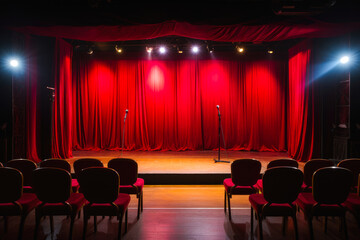 Empty stage of a comedy club with open mic, waiting for performers, chairs setup for audience, theater atmosphere reigns. Nobody