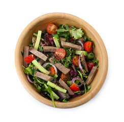 Delicious salad with beef tongue and vegetables isolated on white, top view