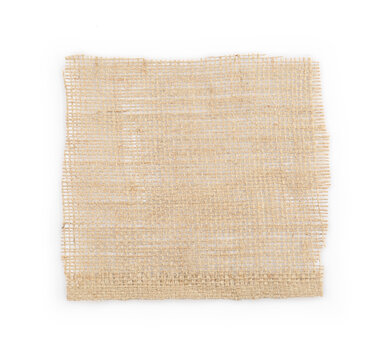Piece of burlap fabric isolated on white, top view