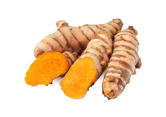 Whole and cut turmeric roots isolated on white