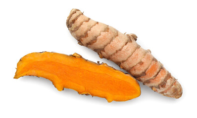 Fresh turmeric roots isolated on white, top view