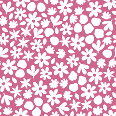 Girlish pink floral seamless pattern. Hand drawn white tiny flowers on pink background. Minimalistic Botanical allover raster print