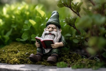 Garden dwarf reading book - obrazy, fototapety, plakaty