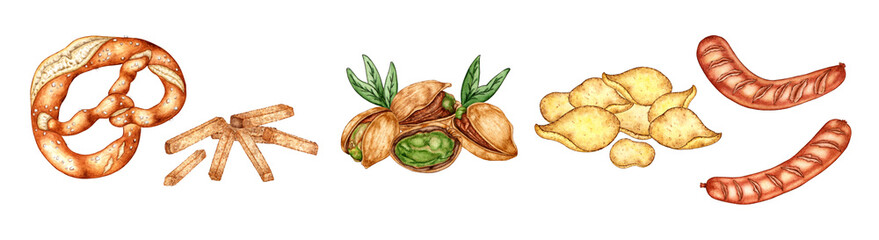 Watercolor illustration set of beer snacks. Pretzel, crackers, pistachios, chips, sausages. Oktoberfest beer festival. Compositions for posters, cards, banners, flyers, covers, playbills