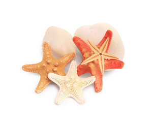 Beautiful sea stars (starfishes) and stones isolated on white