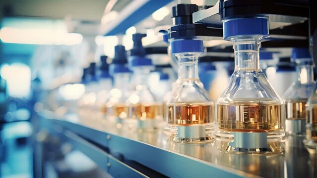 Detailed shot of a laboratory equipped with stateoftheart gas chromatography machines, where scientists analyze and identify the precise chemical components of perfume formulations, ensuring