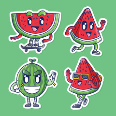 Cute cartoon vector illustration of Watermelon mascots Set. Cute Watermelon fruit mascot vector set