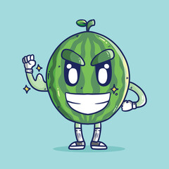 Cute cartoon vector illustration of Watermelon in strong hand gesture. Cute Watermelon fruit mascot vector