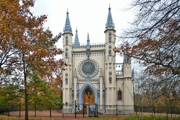Gothic chapel in the autumn park Alexandria, Peterhof, Russia