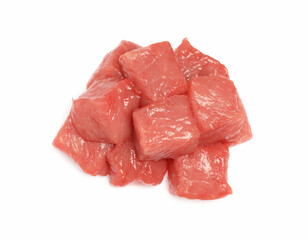 Pieces of raw beef isolated on white, top view