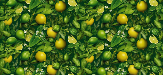 Limes and leaves on a green background - obrazy, fototapety, plakaty