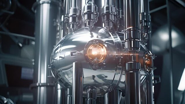 Closeup image of a shiny metal catalyst reactor vessel, vital for initiating the chemical process that converts oil and anol into biodiesel, showcasing precision engineering.
