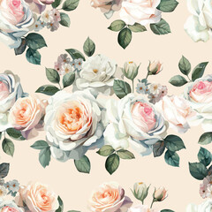 Beautiful white roses bouquet seamless pattern on   background color