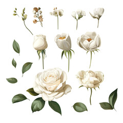 Set of white roses. Roses isolated icon of white blossom, petal and bud with green  leaf for romantic floral decoration