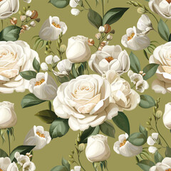 White roses bouquet vintage stlye seamless pattern
