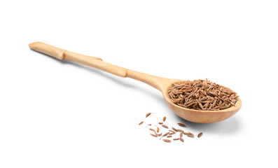 Spoon of aromatic caraway (Persian cumin) seeds isolated on white