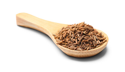Spoon of aromatic caraway (Persian cumin) seeds isolated on white