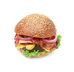 Delicious burger with bacon, patty and vegetables isolated on white