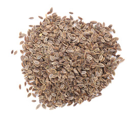 Heap of dry dill seeds isolated on white, top view