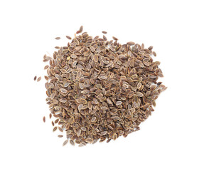 Heap of dry dill seeds isolated on white, top view