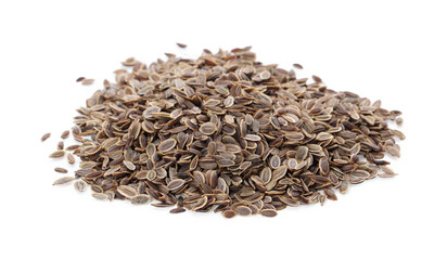 Heap of dry dill seeds isolated on white