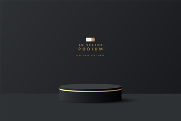 Luxury black 3D cylinder podium realistic or pedestal stage for product display presentation. Minimal scene for mockup. stage showcase. 3d vector geometric form. 3d stage for show best product. - obrazy, fototapety, plakaty
