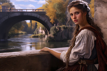 beautiful European Italian peasant woman almost any time period overlooking stone bridge, Oil painting style - obrazy, fototapety, plakaty