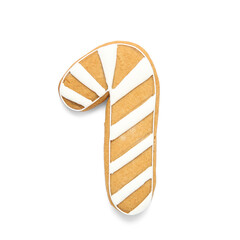 Tasty Christmas cookie in shape of candy cane on white background