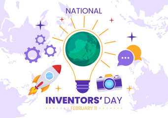 National Inventors Day Vector Illustration on February 11 Celebration of Genius Innovation to Honor Creator of Science in Flat Cartoon Background