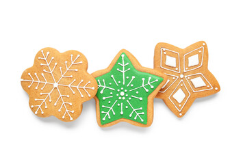 Tasty Christmas cookies on white background