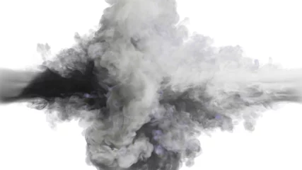 Fotobehang Puffs of white and grey smoke collide against a white background. 3d illustration.  © Михаил Решетников