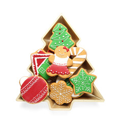 Delicious cookies in Christmas tree-shaped bowl on white background