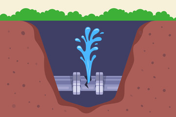 pipe bursting from underground. flat vector illustration.