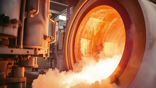 Macro shot of a rotary kiln, exposing the redhot flames engulfing the raw materials, the intense heat that fuels the cement manufacturing process.