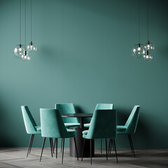 Meeting area or diningroom with large black round table and teal cyan chairs. Empty wall turquoise azure paint color accent. Dinning modern kitchen interior home or cafe. Mockup for art. 3d render - obrazy, fototapety, plakaty