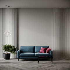 Premium livingroom in gray color with blue accent. Empty wall for art blank background. Large dark navy couch with velor magenta pillow. Luxury lounge room or hotel hall, office design. 3d rendering 