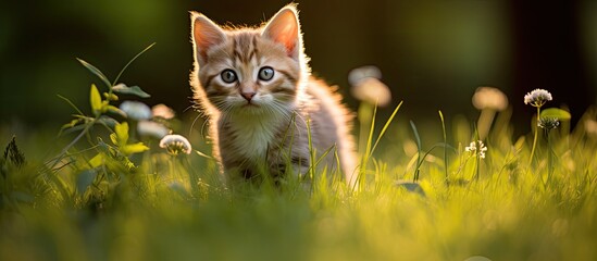 In the lush garden a young green eyed kitten with a sweet and adorable portrait enjoys exploring the grassy outdoors embodying the cuteness of a playful pet mammal in its wild feline nature
