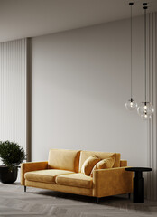 Livingroom or reception room with a velvet yellow mustard color sofa. Empty gray wall background for art painted. Modern lounge interior design office, hotel, lounge with bright furniture. 3d render