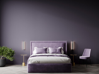 Bedroom in dark purple and violet lavender color trend. Modern luxury room interior home or hotel design. Empty paint lilac wall  background canvas art. Large rich bed and golden accents. 3d render 