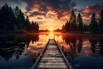Foto op Canvas Beautiful landscape view of a jetty with reflection at a lake for wallpaper, background and zoom meeting background  © grey