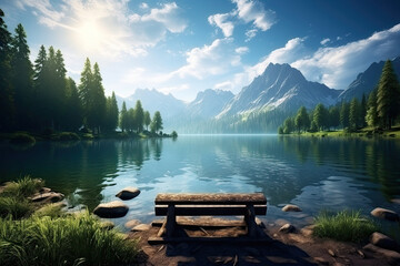 Beautiful landscape view of lake and mountains for wallpaper, background and zoom meeting background - obrazy, fototapety, plakaty