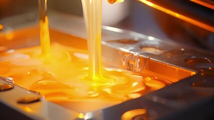 Macro shot of the heated plastic material being injected into the mold, with visible streams of molten plastic flowing in.