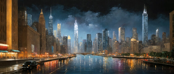Night cityscape oil painting drawing. A digital artwork with brush strokes. City at night with many lights. Can be used as background or wallpaper. - obrazy, fototapety, plakaty