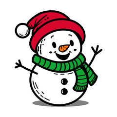 Vector cartoon character snowman with red Santa hat, hand drawn isolated on white background
