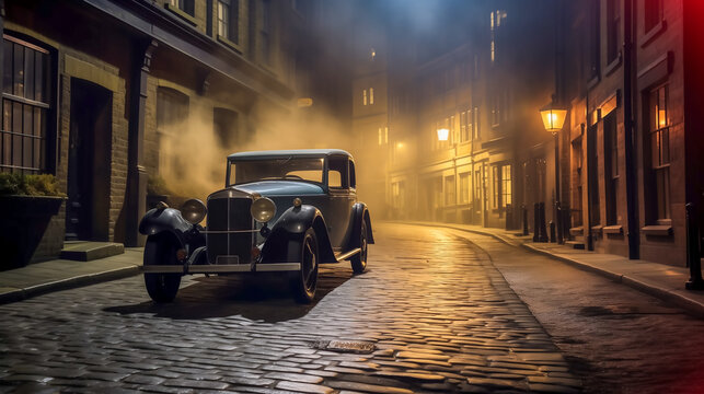 Illustration of a vintage car in the England's cobblestone street in 1940's, Generative AI image.
